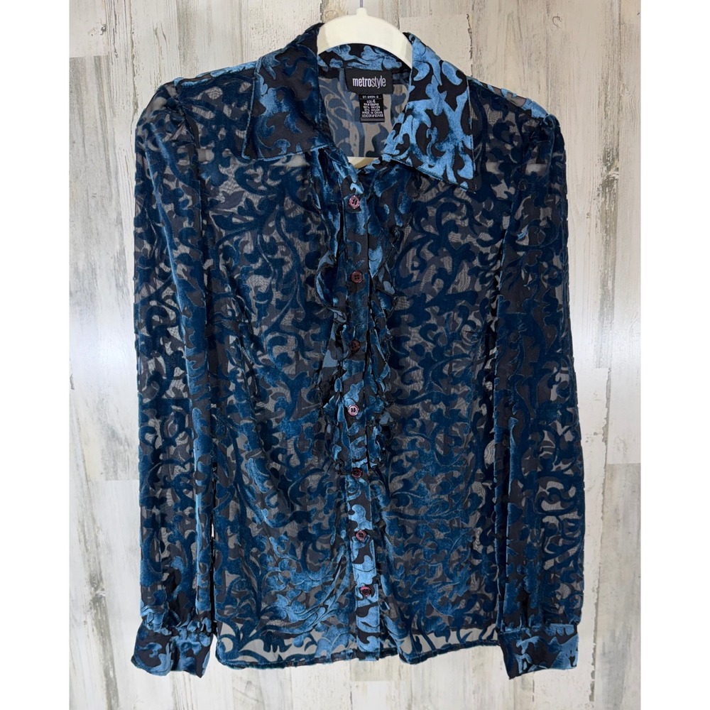Metrostyle Blouse Size 4 Teal Blue Burnout Velvet Ruffle Front Sheer Damask Goth
